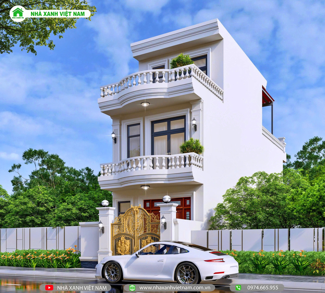 Mẫu nhà 3 tầng tân cổ điển 4x17m - NP3T-NX-6 9 3D mặt tiền mẫu nhà 3 tầng tân cổ điển 4x17m - view chính diện từ bên phải qua