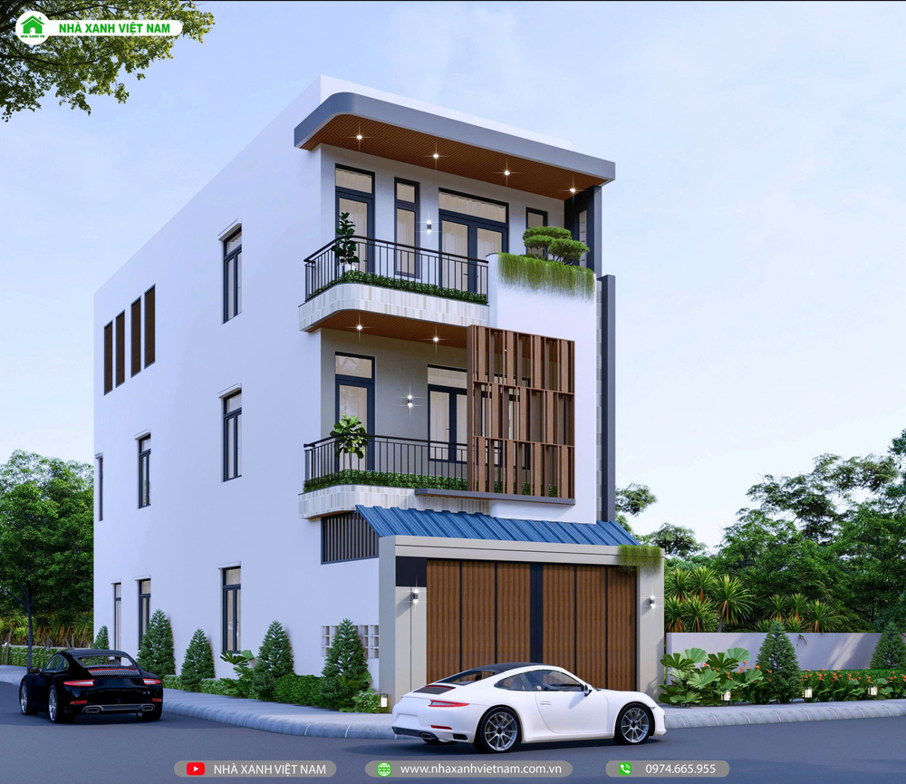 3D mặt tiền nhà 1 trệt 2 lầu 6x17m hiện đại - view chính diện từ bên phải qua