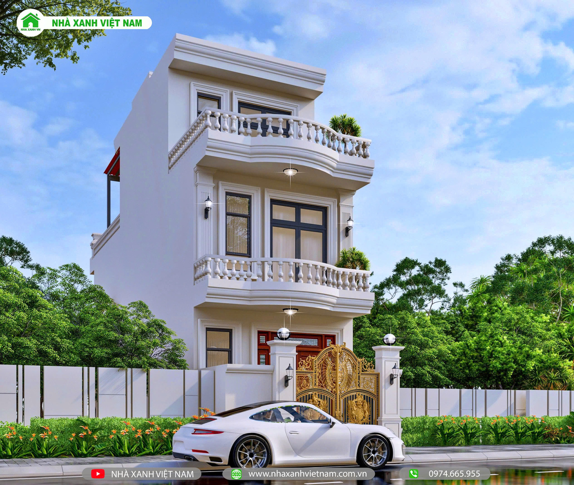 Mẫu nhà 3 tầng tân cổ điển 4x17m - NP3T-NX-6 10 3D mặt tiền mẫu nhà 3 tầng tân cổ điển 4x17m - view chính diện từ bên trái qua