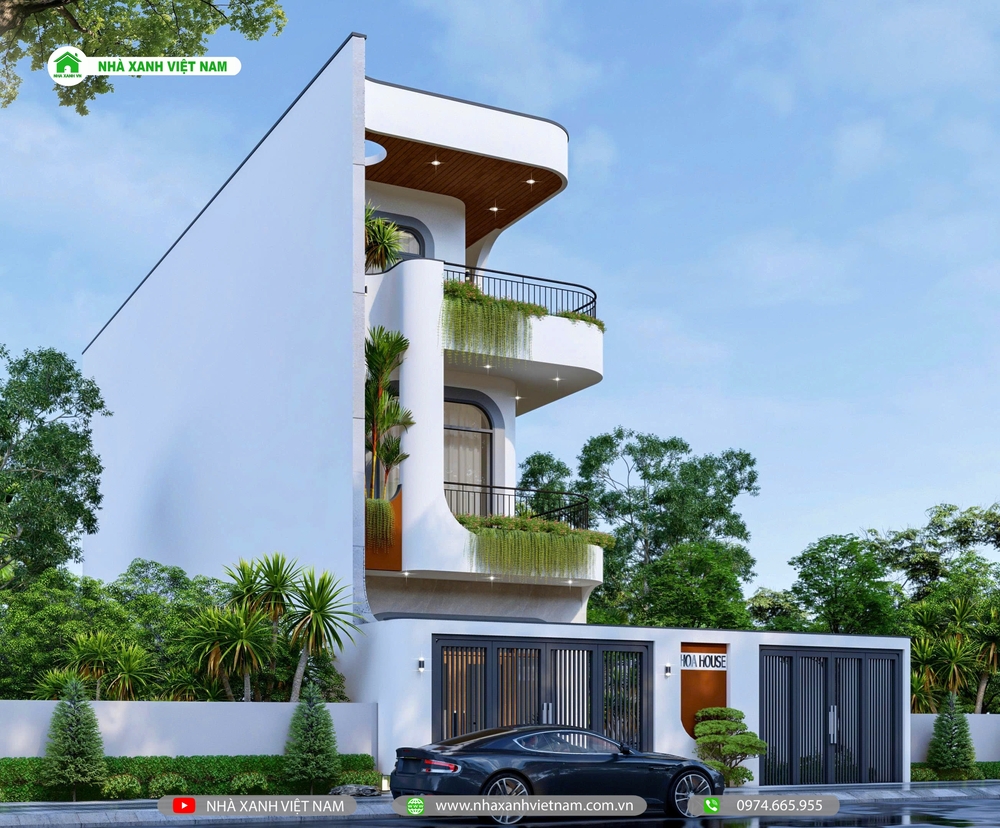 Mặt tiền nhà 1 trệt 2 lầu 5x19m hiện đại - view chính diện từ bên trái qua