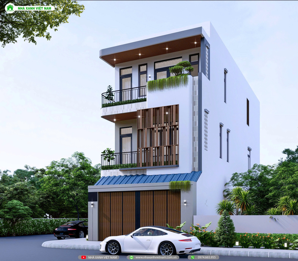 3D mặt tiền nhà 1 trệt 2 lầu 6x17m hiện đại - view chính diện từ bên trái qua