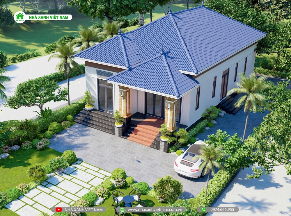 3D Nhà cấp 4 mái nhật 8x17m tại Quảng Trị - view từ trên xuống bên phải qua