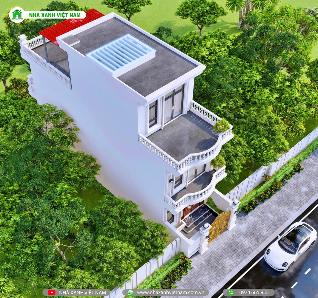 Mẫu nhà 3 tầng tân cổ điển 4x17m - NP3T-NX-6 11 3D mặt tiền mẫu nhà 3 tầng tân cổ điển 4x17m - view chính diện từ trên xuống