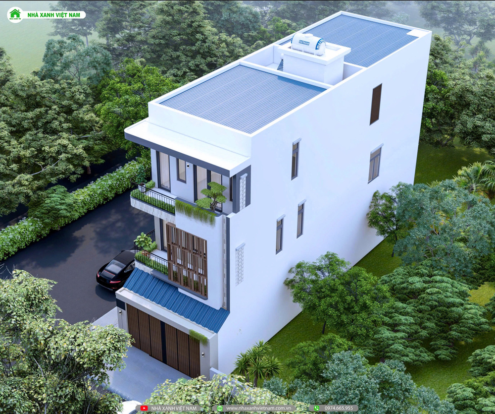 3D mặt tiền nhà 1 trệt 2 lầu 6x17m hiện đại - view trên xuống bên phải qua