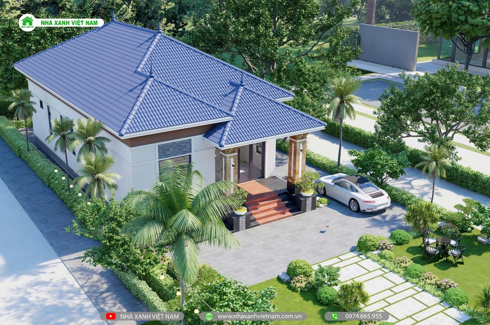 3D Nhà cấp 4 mái nhật 8x17m tại Quảng Trị - view từ trên xuống bên trái qua