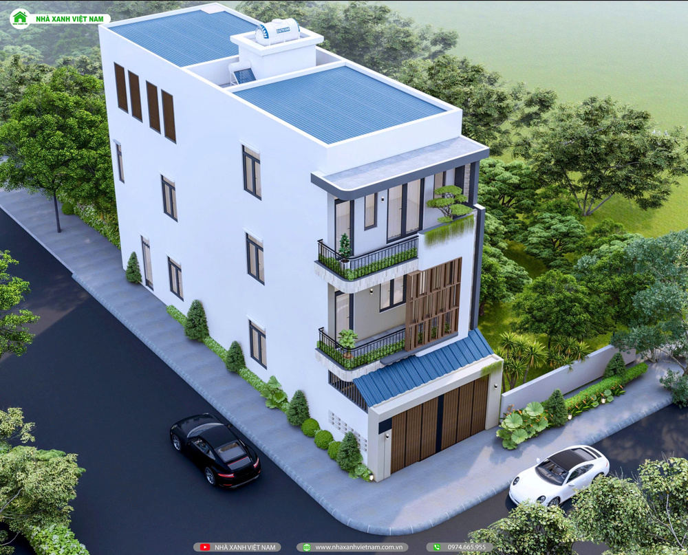 3D mặt tiền nhà 1 trệt 2 lầu 6x17m hiện đại - view trên xuống bên trái qua