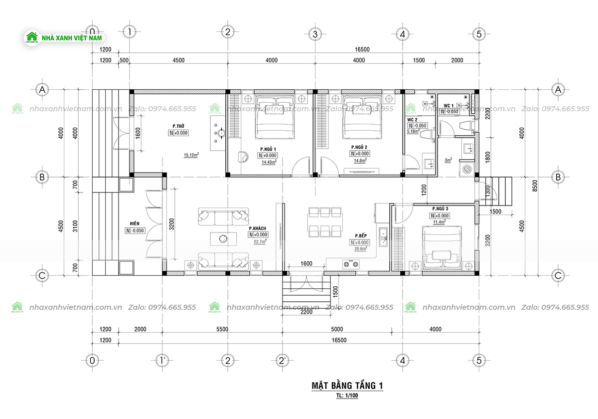 Công năng mẫu nhà cấp 4 mái Nhật 8x17m